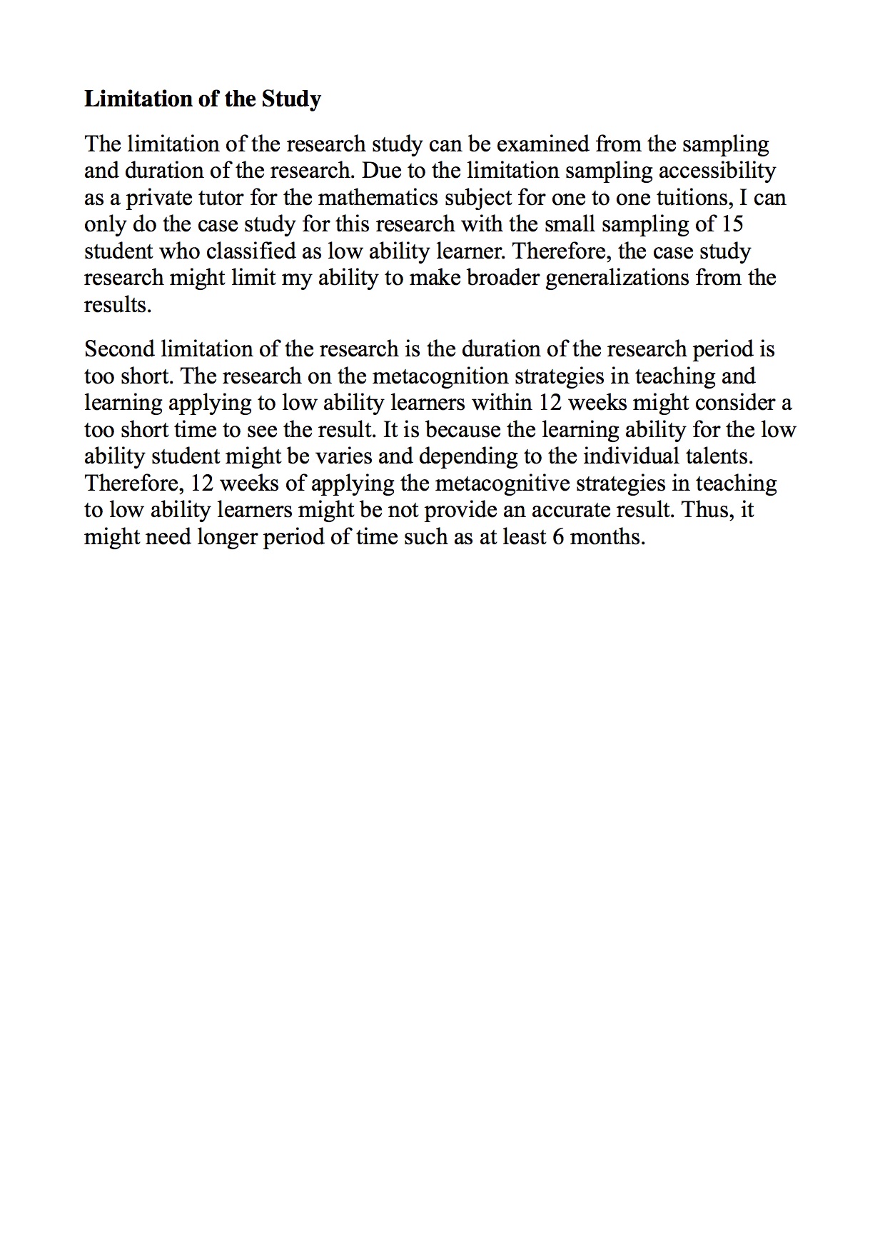 Limitation of the study